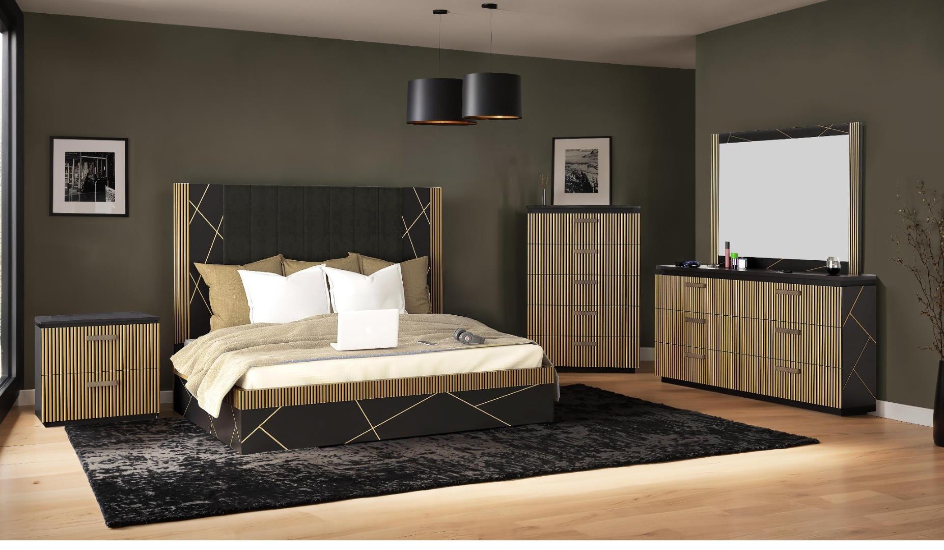Allure King 5 Pc Bedroom Set in Black &amp; Gold