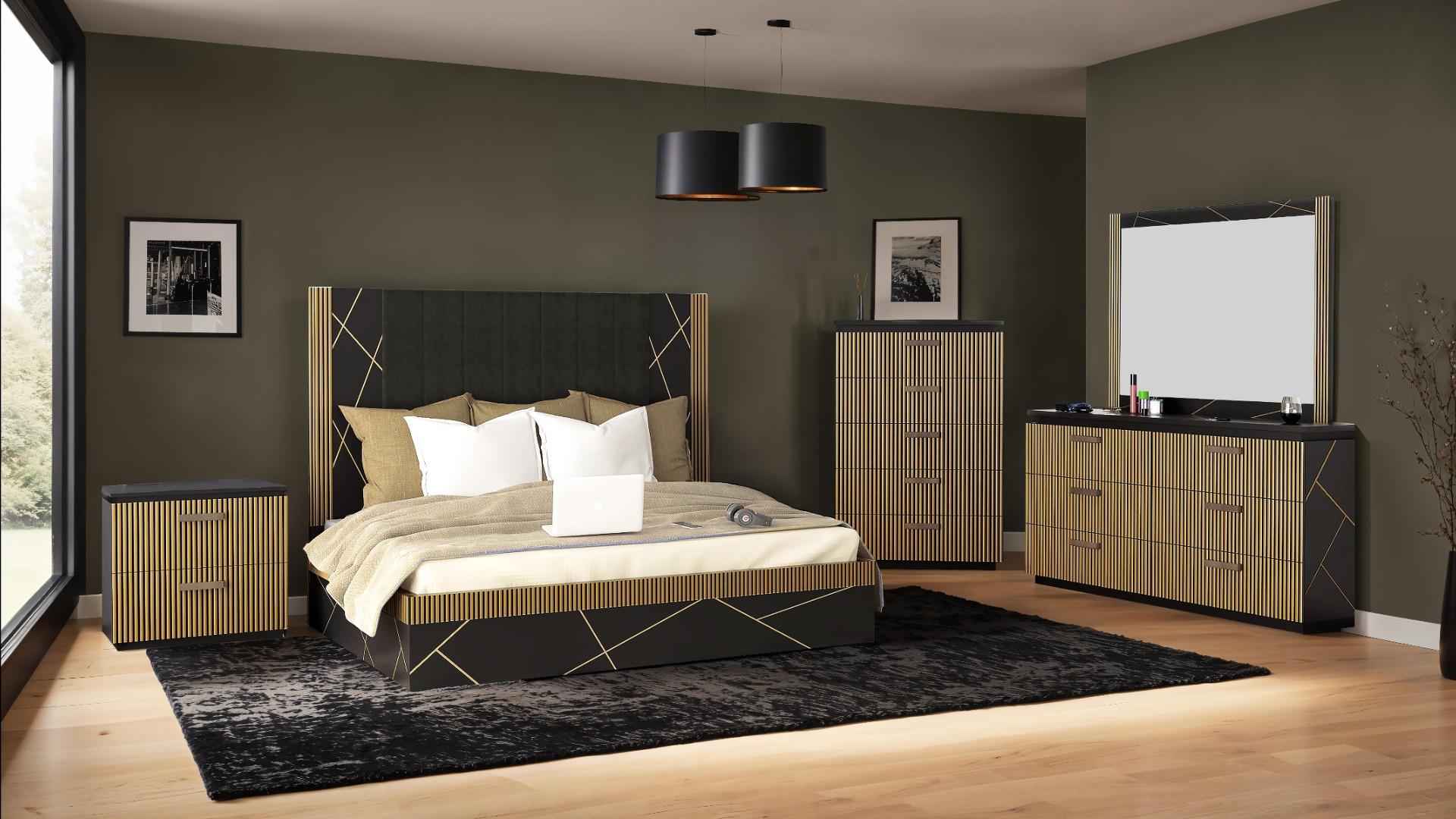 Allure Queen 4 Pc Bedroom Set in Black &amp; Gold