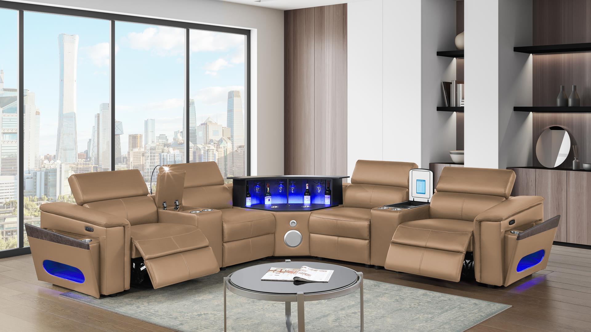 Nova Sectional with 2 Consoles (Reading Light + Fridge) - Caramel